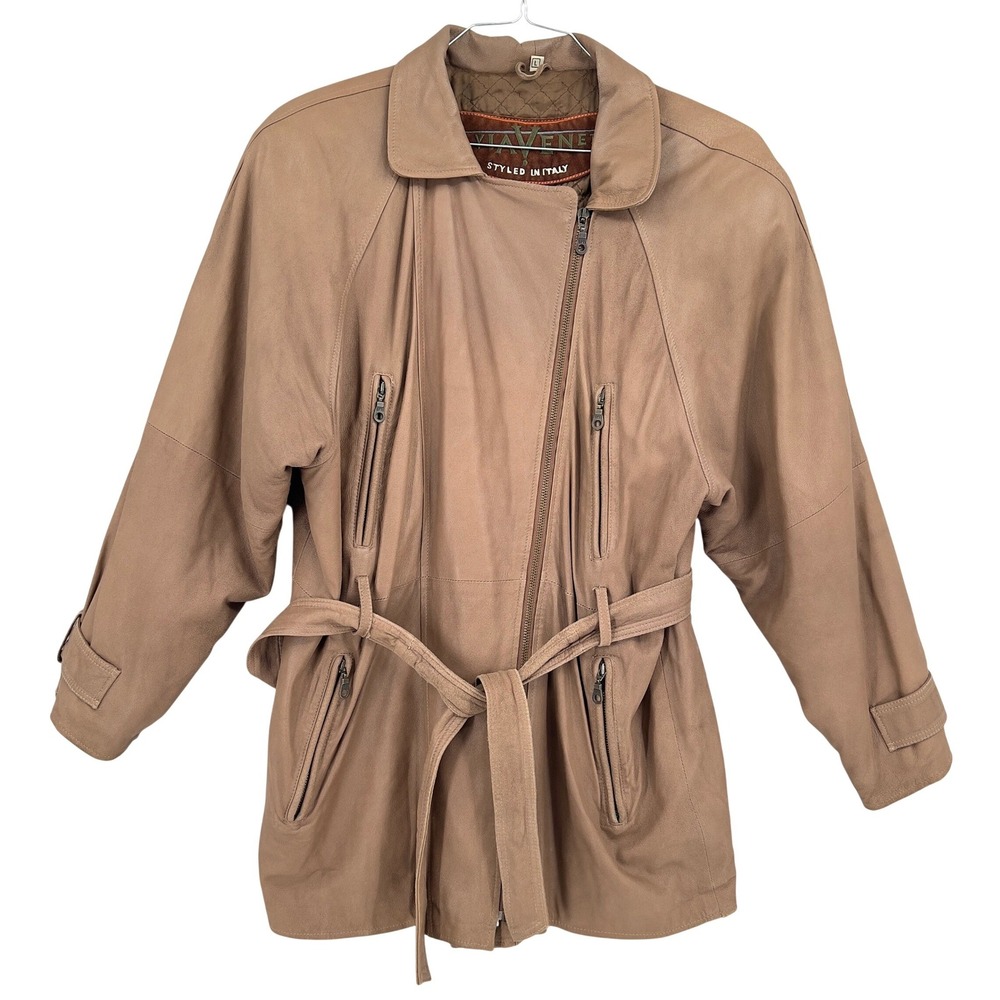 Via Veneto Womens L Lambskin Leather Jacket Tan Camel Belted Italy 1980s Vintage